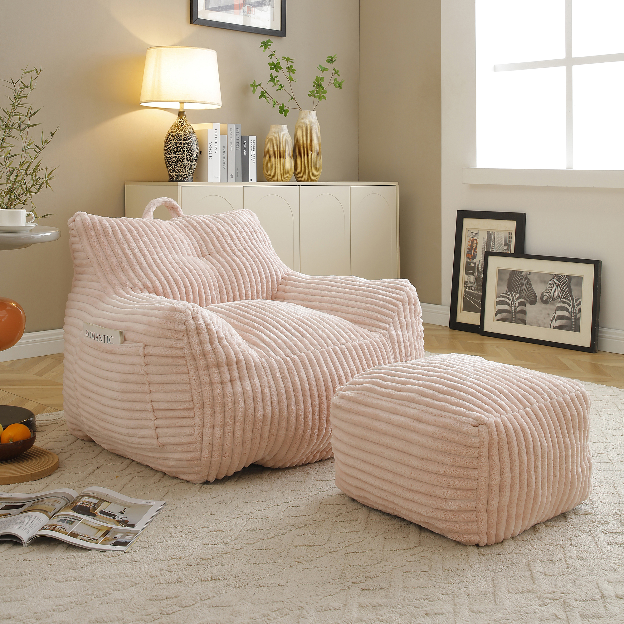 Jopath Giant Bean Bag Chair,Giant Plush Bean Bag Chair For Adults With Armrests And Footstool,Cozy Fluffy Cloud Mini Couch For Living Room, Bedroom & Dorm Pink
