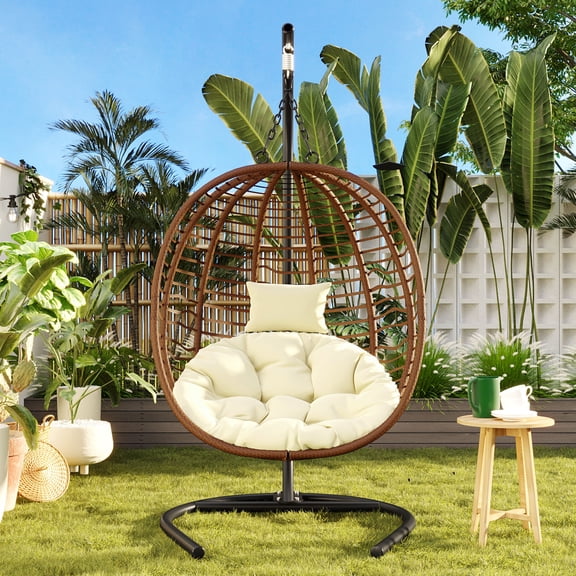 Jopath Hanging Egg Chair with Stand, Single Person Folding Egg Chair, Wicker Hammock Swing Chair with Adjustable Anti-Slip Feet for Balcony Bedroom Garden Brown+Beige