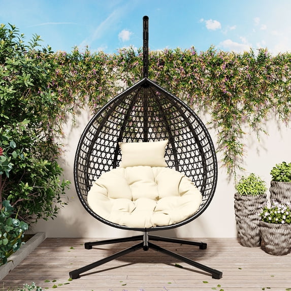 Jopath Hanging Egg Chair with Stand, Sturdy Hammock Chair with Rattan Weaving, Swing chairs with Soft Removable Cushion for Balcony Bedroom Garden Black+Beige