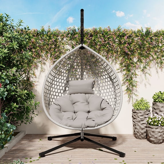 Jopath Hanging Egg Chair with Stand, Sturdy Hammock Chair with Rattan Weaving, Swing chairs with Soft Removable Cushion for Balcony Bedroom Garden Gray