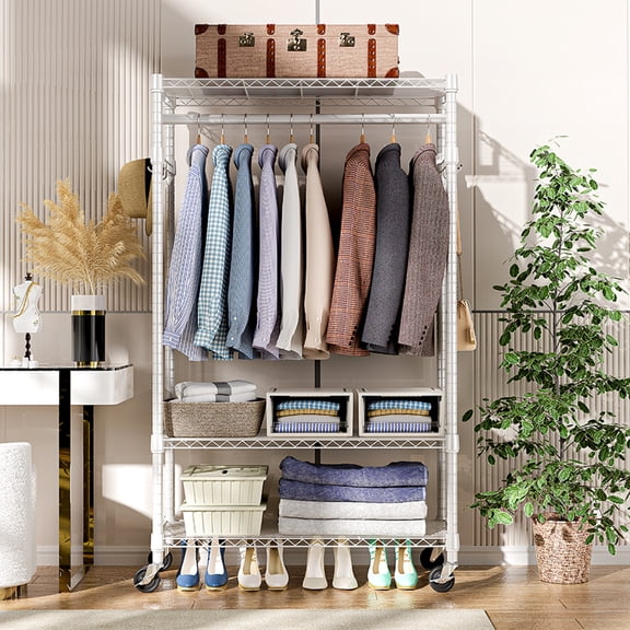 Jopath Heavy Duty Rolling Garment Rack 3 Tiers Adjustable Wire Shelving Clothes Rack with Rods and Side Hooks for Laundry Room Bedroom Cloakroom Bathroom White