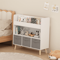 Jopath Kids Bookshelf with 3 Fabric Bins,Modern Bookcase Storage Organizer for Playroom,Bedroom,White&Gray