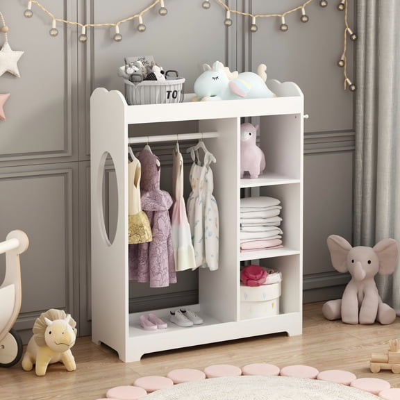 Jopath Kids Dress up Storage with Mirror and Hooks,Kids Clothes Rack with Storage Shelves and Top Shelf for Playroom Bedroom Nursery,White