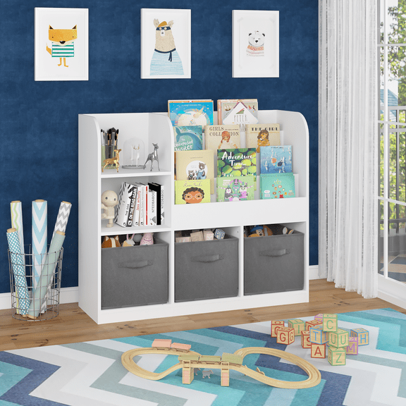Jopath Kids Toy Organization Cubby Bookcase with 3 Fabric Drawers,Bookcase Display Stand for Bedroom, Playroom,Gray