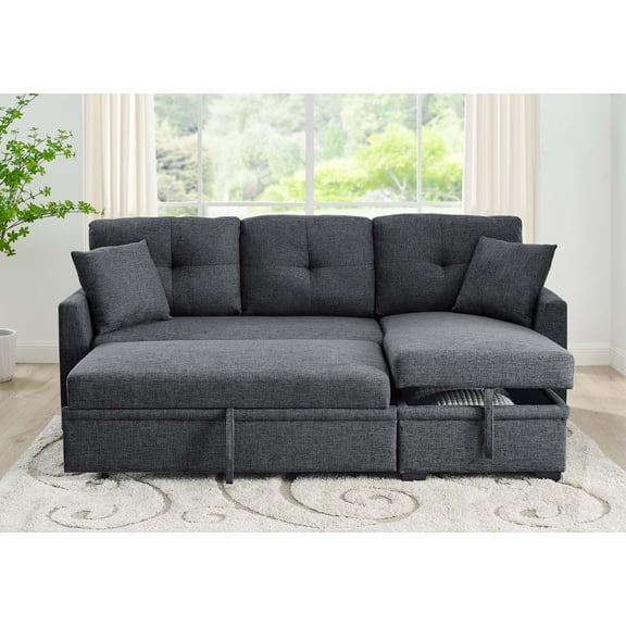 Jopath L-Shape Convertible Sleeper Sectional Sofa with Pull-Out Bed,Linen Upholstered Sleeper Couch with Storage Chaise for Living Room,Dark Gray