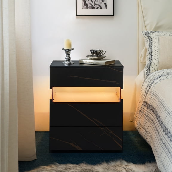Jopath LED Nightstand with 3 Drawers, Sofa Table for Living Room, Modern Wooden Storage Cabinet with Acrylic Board for Bedroom Living Room Bedside Furniture Black+Gold