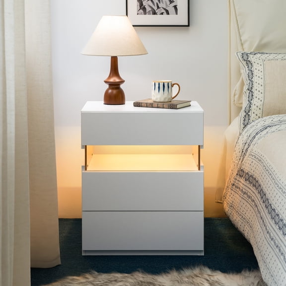 Jopath LED Nightstand with 3 Drawers, Sofa Table for Living Room, Modern Wooden Storage Cabinet with Acrylic Board for Bedroom Living Room Bedside Furniture White