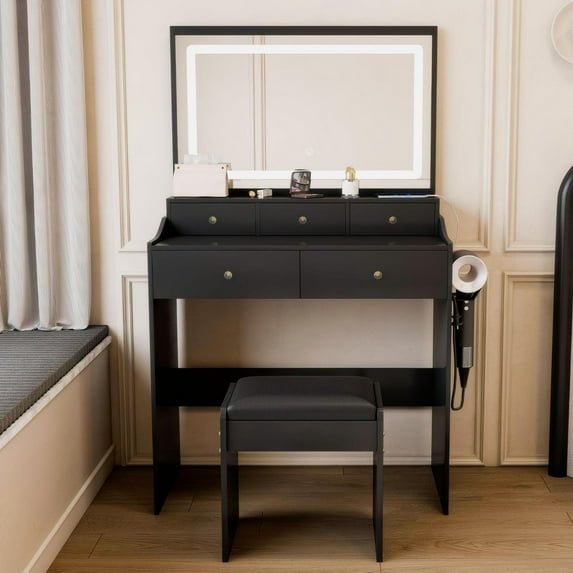 Jopath Large Makeup Vanity Set,Modern Mirror Vanity Desk with 5 Drawers,3 Lighting Color Adjustable Dressing Table for Bedroom,Black