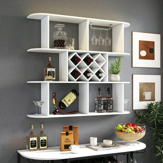 Jopath Large Wall Mounted 3 Tier Rustic Bottle Wine Rack,Multifunctional Wooden Wall Mounted Wine Rack,mounted wall Storage winerack Rack for Home Bar Dining Room Decor Walnut white