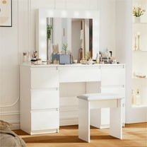 Jopath Large White Vanity Desk with Mirror and Light,Makeup Vanity Table with 7 Drawers for Bedrooms