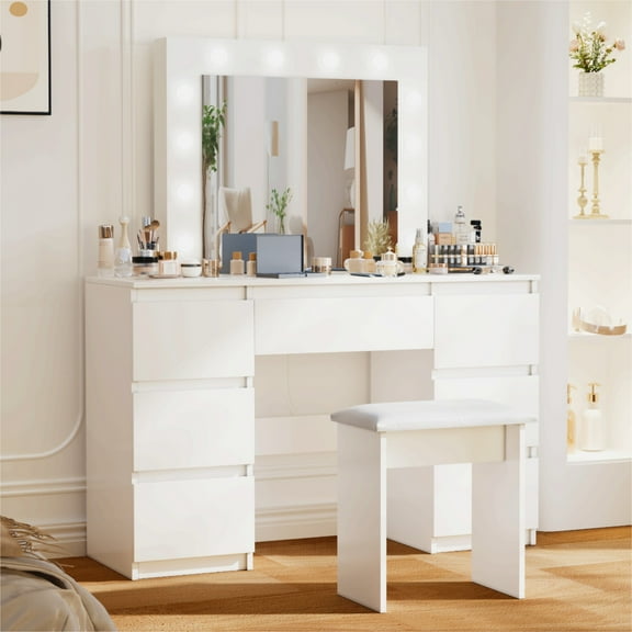 Jopath Large White Vanity Desk with Mirror and Light,Makeup Vanity Table with 7 Drawers for Bedrooms