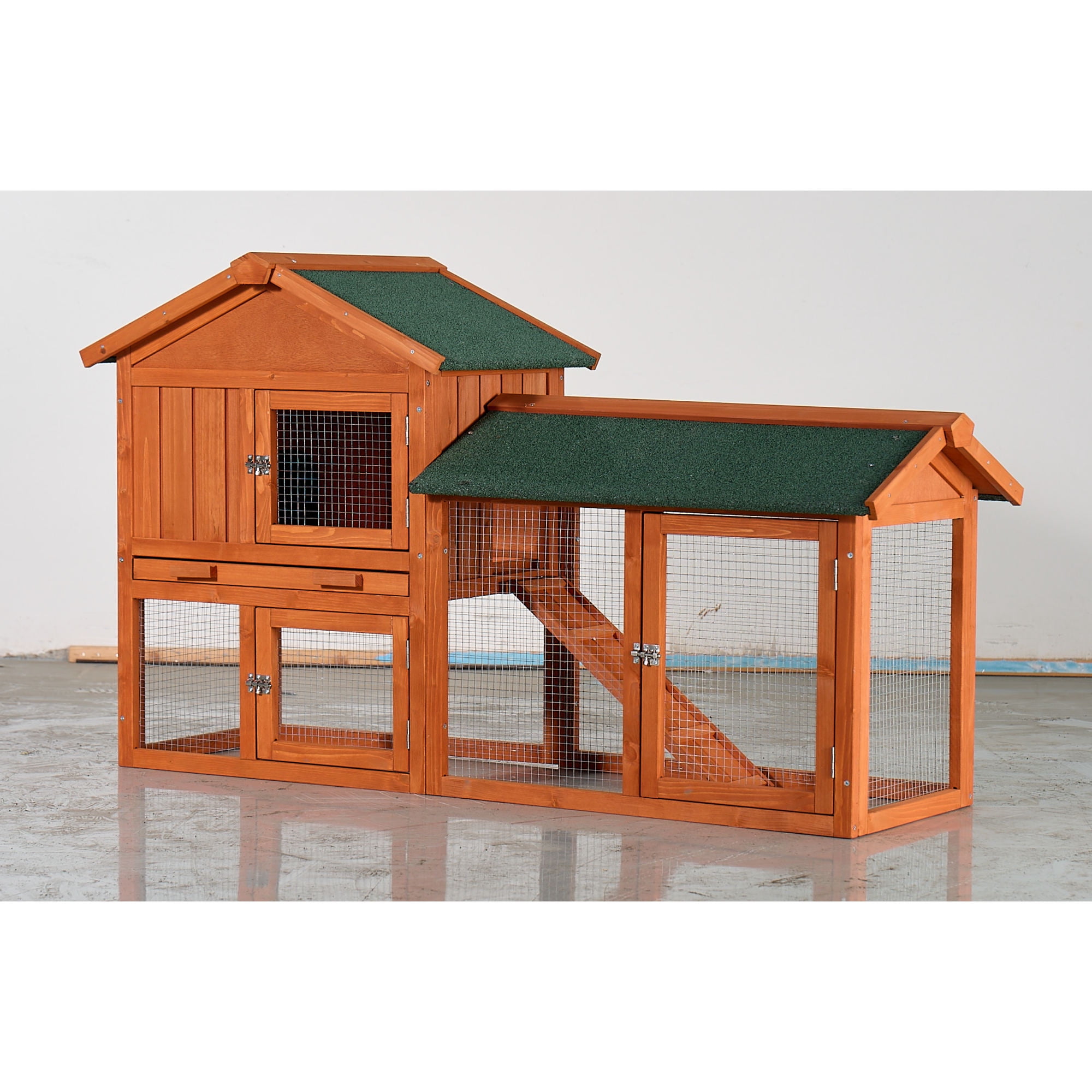 Jopath Large Wooden Rabbit Hutch, 2-Story Outdoor Bunny Cage with Waterproof Asphalt Roof, Pull-Out Tray and Ramp,Fir Wood Pet House for Rabbits,Chickens,Guinea Pigs (Brown & Green)