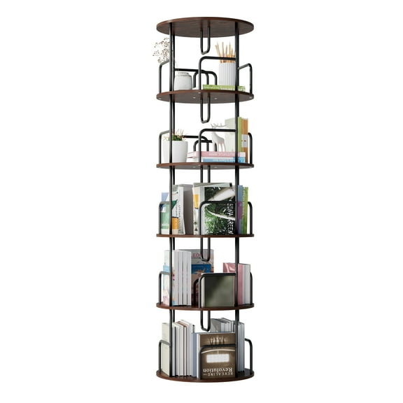 Jopath Living Room Display Shelves,Rotating Bookshelf Tower 5 Tier,360° Display Round Spinning Bookshelf,Wood & Metal Stackable Spinning Bookshelf Tower For Bedroom, Living Room,Brown