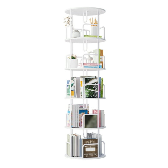 Jopath Living Room Display Shelves,Rotating Bookshelf Tower 5 Tier,360° Display Round Spinning Bookshelf,Wood & Metal Stackable Spinning Bookshelf Tower For Bedroom, Living Room,White