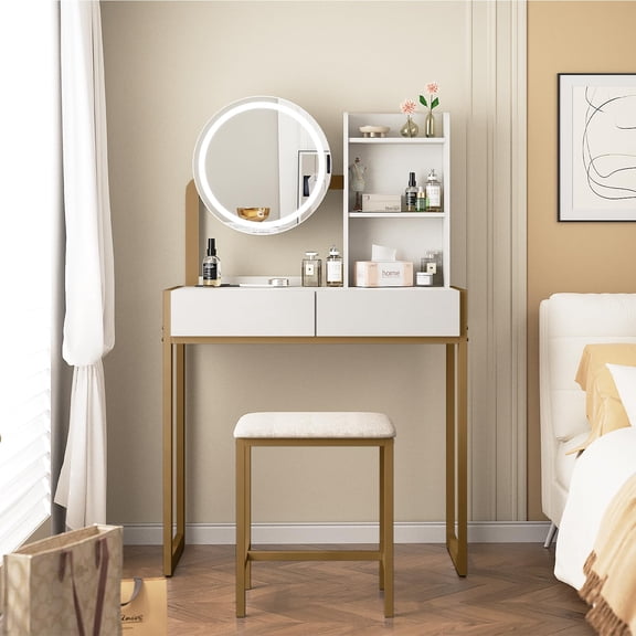 Jopath Makeup Vanity Desk with Mirror and Lights,Small Dressing Table with 2 Drawers & Open Shelves and Cushioned Stool,3 Lighting Modes for Bedroom,Small Space,Gold