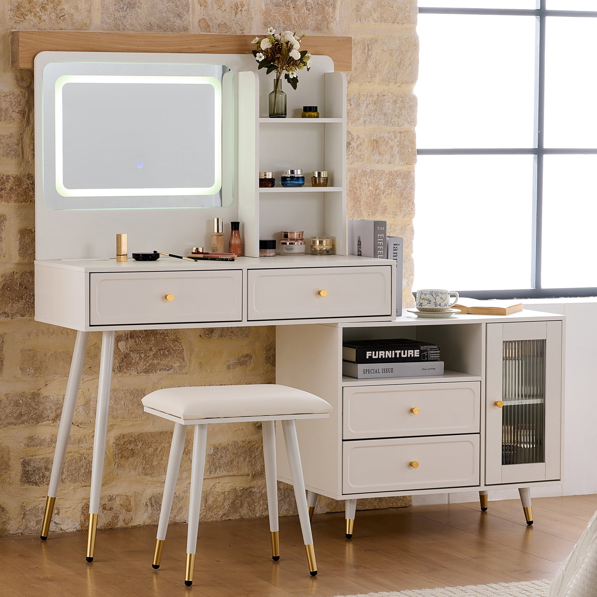 Jopath Makeup Vanity Desk with Mirror and Lights,Dressing Table with Drawers and Cabinet,Retractable Makeup Table Set for Bedroom,White