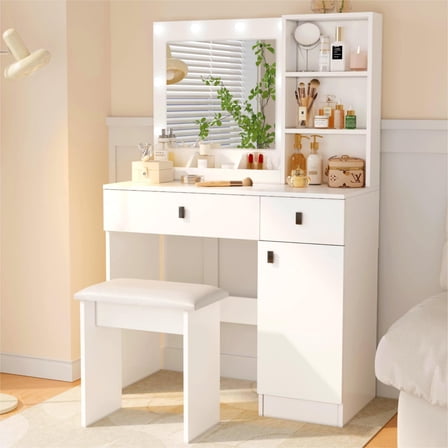 Jopath Makeup Vanity Set with Mirror & Lights,Makeup Vanity Desk with Large Drawers & 3 Storage Dreeser for Bedroom,White