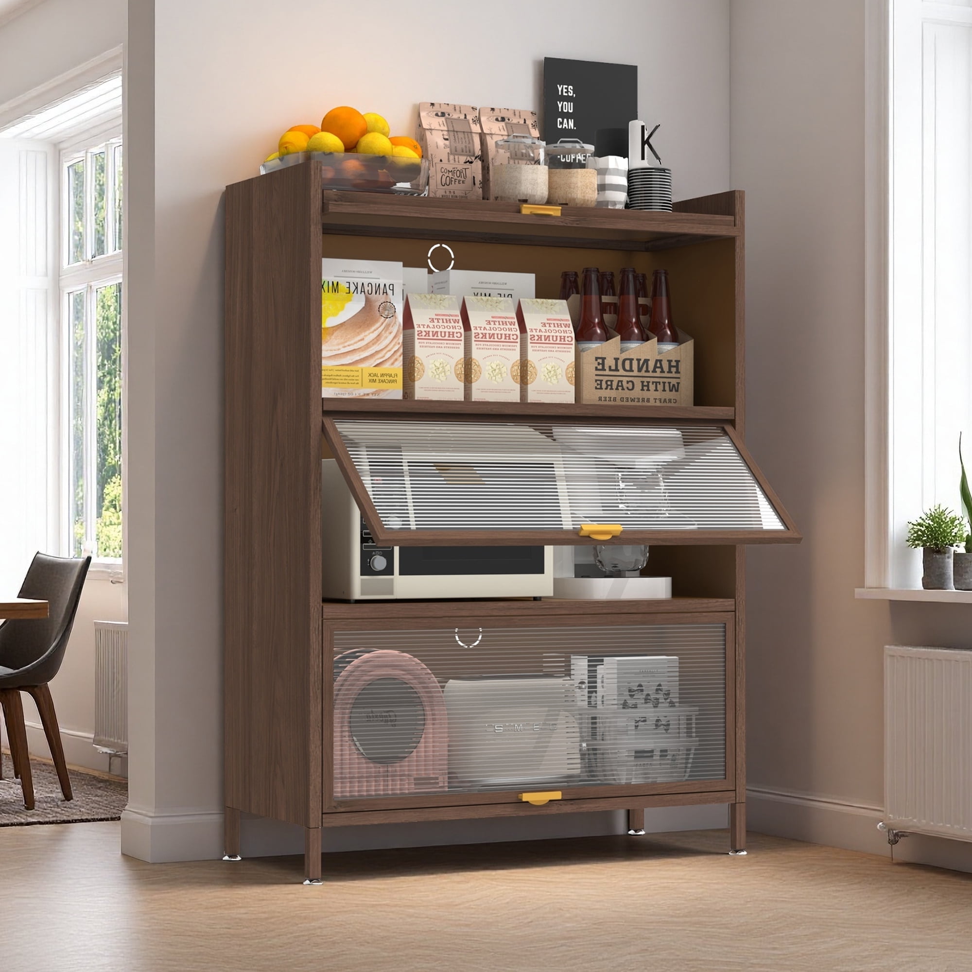 Jopath Metal Pantry Cabinet,44" Tall Kitchen Storage Cabinet with 3 Flip Doors Cabinet for Living Room,Dining Room,Office,Walnut02