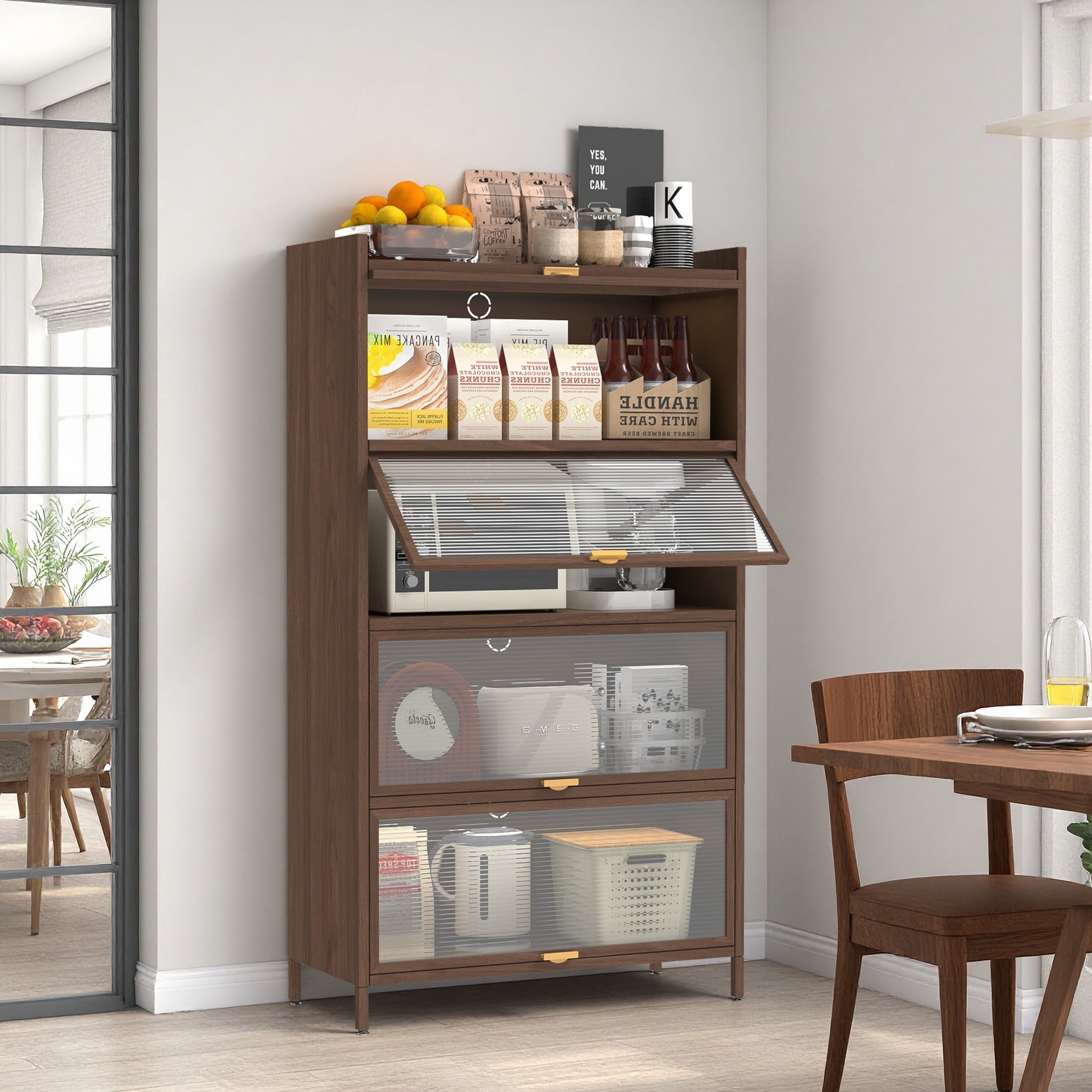 Jopath Metal Pantry Cabinet,57" Tall Kitchen Storage Cabinet with 4 Flip Doors Cabinet for Living Room,Dining Room,Office,Walnut02