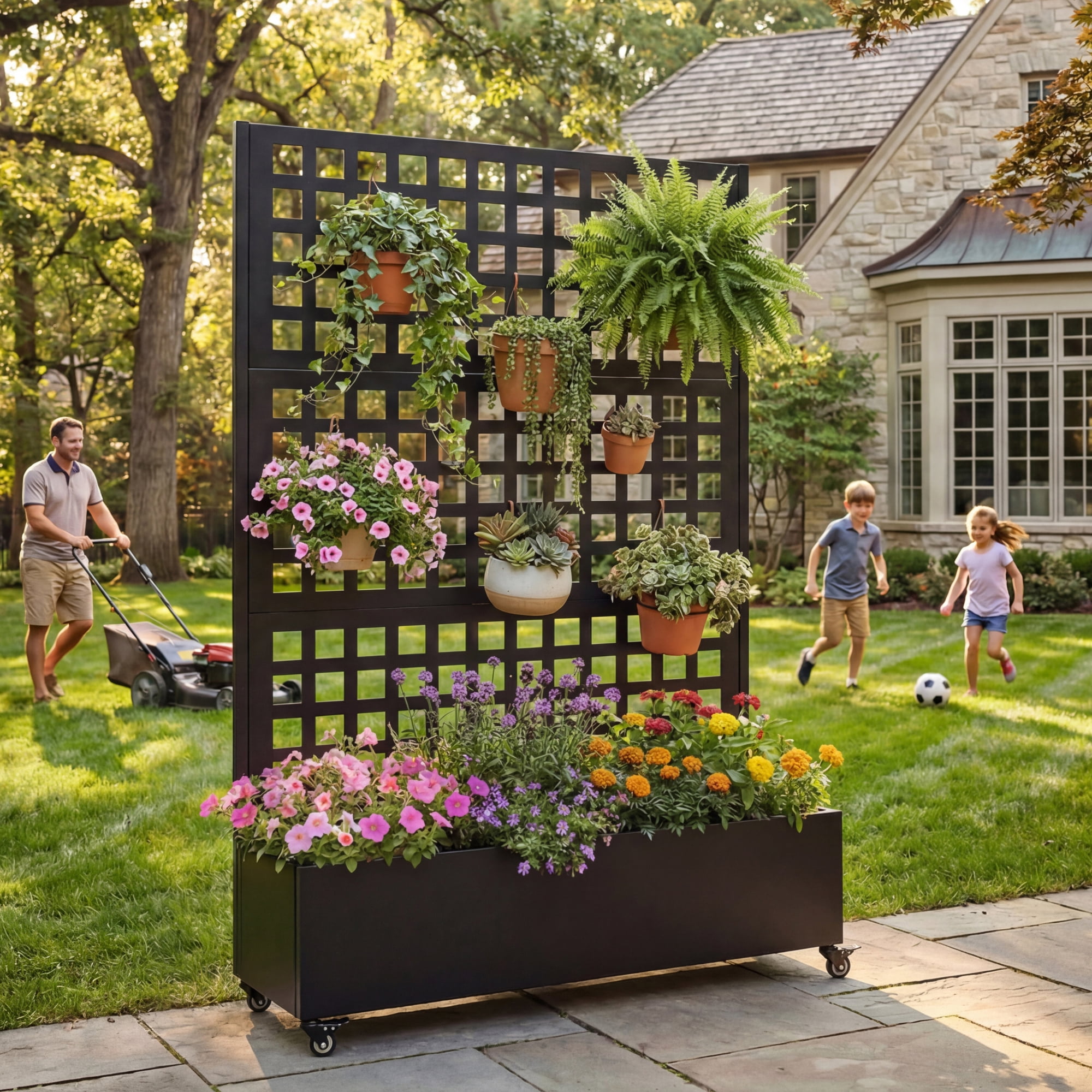 Jopath Metal Raised Garden Bed with Wheels and Trellis,Features Privacy Screen and Drainage Holes Planter Box for Climbing Plants, Vegetables and Vines 73"x47"x16" (Black 5)