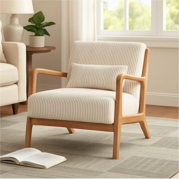 Jopath Mid-Century Accent Chair,Modern Corduroy Fabric Arm Chair with Wood Frame and Pillow,Upholstered Armchair,Reading Chair,Lounge Chair for Living Room,Bedroom,Beige 02