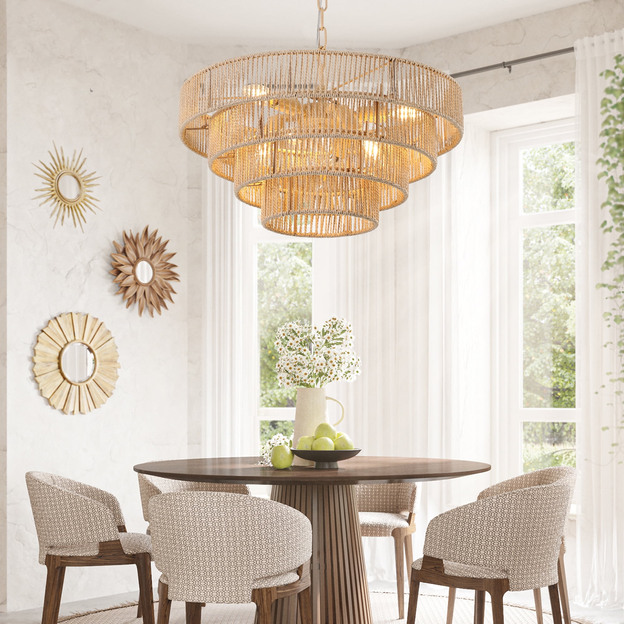 Jopath Modern 4-Layer Woven Hemp Rope Chandelier, 20" Boho Style Pendant Light, Elegant Hanging Light Fixture for Living Room, Dining Room, Bedroom (No Bulbs)