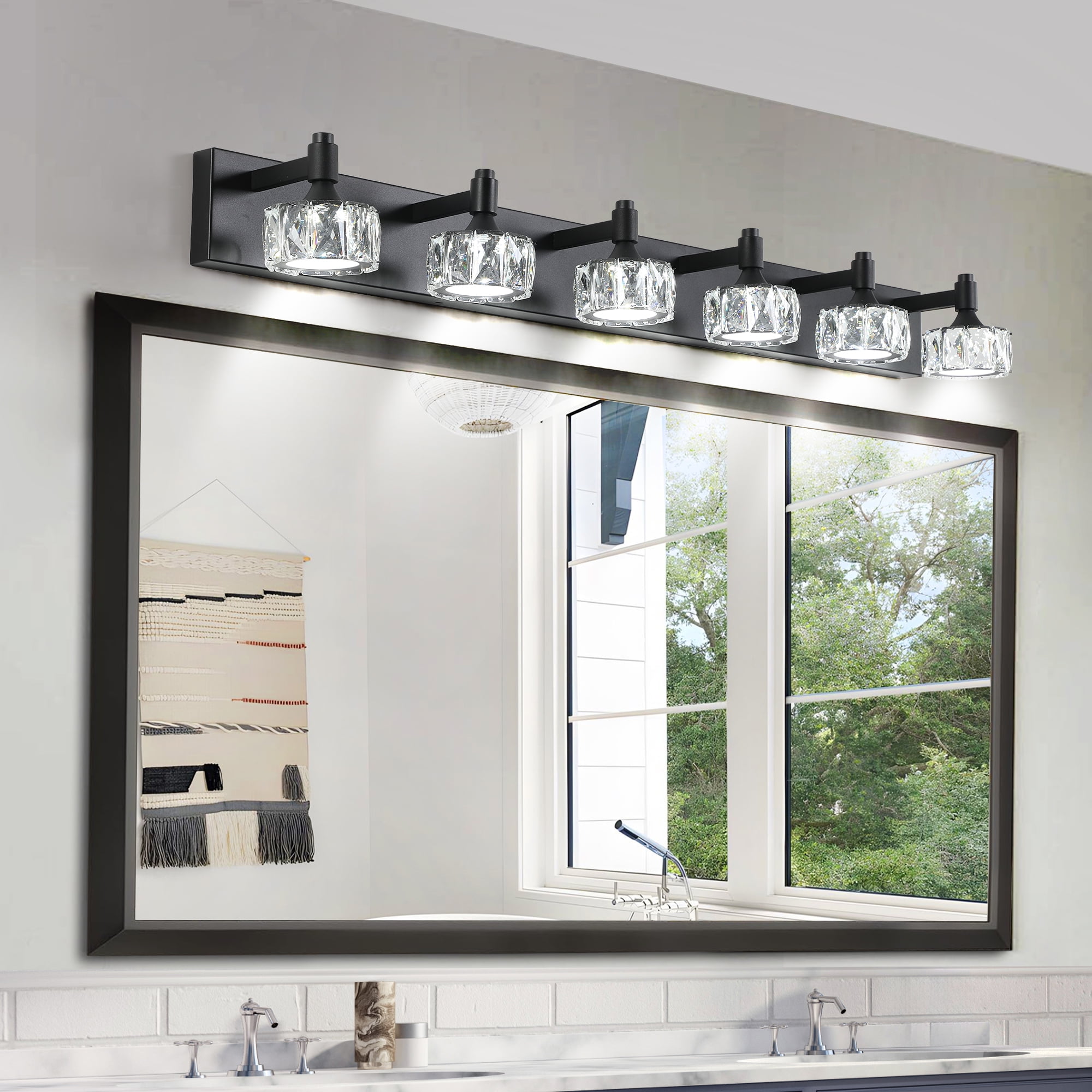 Jopath Modern 6-Light Matte Black LED Vanity Light Fixture with Crystal Glass Shades, Elegant and Contemporary Bathroom Wall Sconce for Bathroom Vanity Mirror