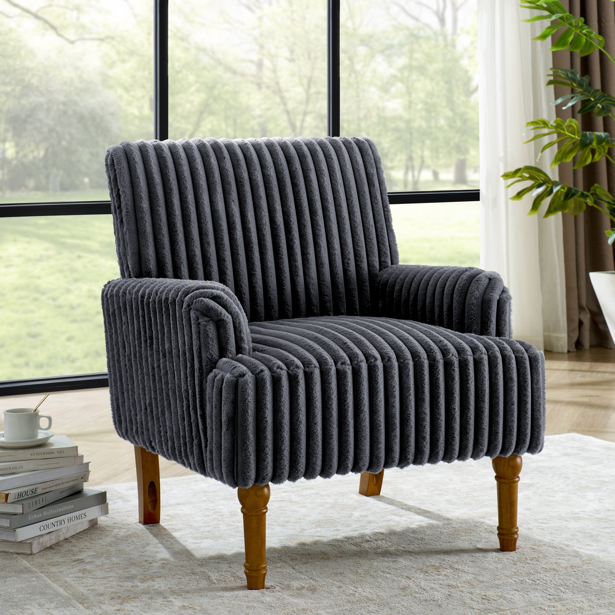 Jopath Modern Accent Chair with 2" Wide Wale Corduroy, 9" Solid Wood Legs, Comfortable Upholstered Armchair for Living Room Bedroom Reading Room Dark Gray
