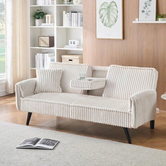 Jopath Modern Corduroy Futon Sofa Bed,Convertible Loveseat Sleeper Sofa Couch with Adjustable Backrest & Cup Holder for Living Room,Orange