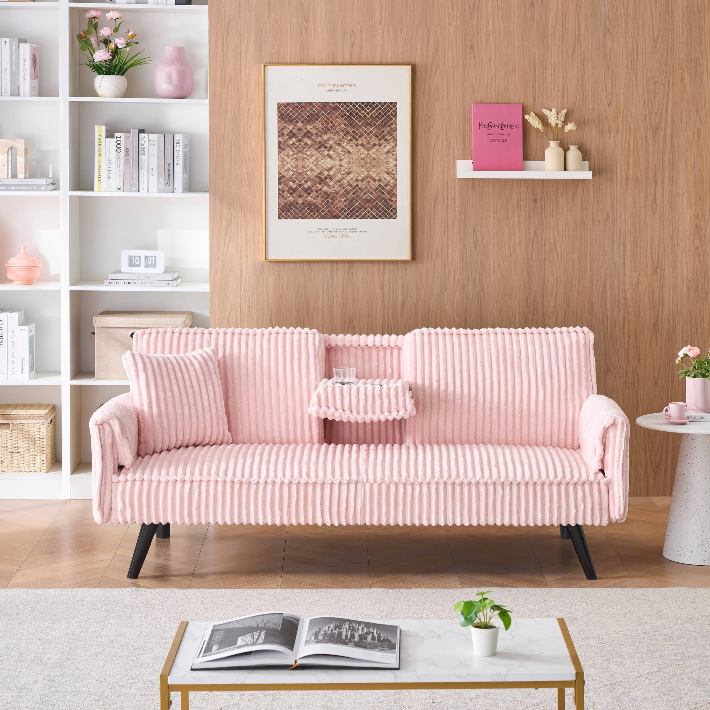 Jopath Modern Corduroy Futon Sofa Bed,Convertible Loveseat Sleeper Sofa Couch with Adjustable Backrest & Cup Holder for Living Room,Pink