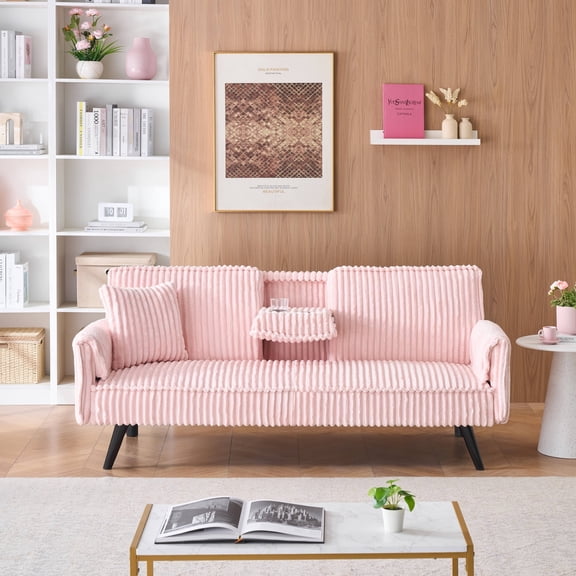 Jopath Modern Corduroy Futon Sofa Bed,Convertible Loveseat Sleeper Sofa Couch with Adjustable Backrest & Cup Holder for Living Room,Pink