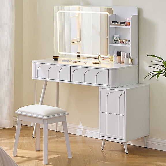 Jopath Modern Makeup Vanity Desk with LED Lights & Mirror,4 Drawer Dressing Table Set with 4 Drawer and Stool, 3 Colors Dimmable Brightness for Space-Saving,Bedroom,White