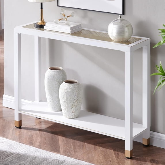 Jopath Narrow Console Table,41"W Glass Narrow Sofa Table with 2-Tier,Entryway Table for Hallway,Entryway,Living Room,White