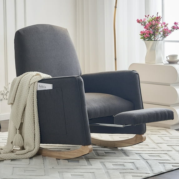 Jopath Nursery Rocking Chair,Cotton Linen Upholstered Rocking Chair with Adjustable Footrest,Glider Rocker Chair with High Backrest for Living Room,Bedroom,Dark Gray