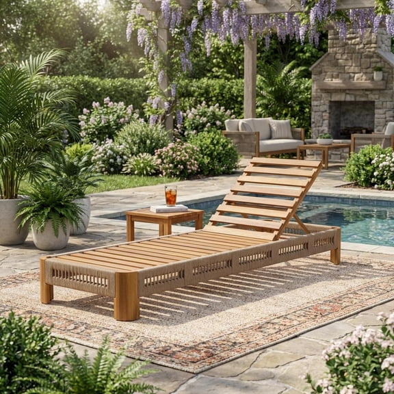 Jopath Outdoor Chaise Lounge with Adjustable Backrest and Handwoven Rope Accents, Weather-Resistant Patio Recliner for Poolside, Backyard and Deck, Natural Wood Finish