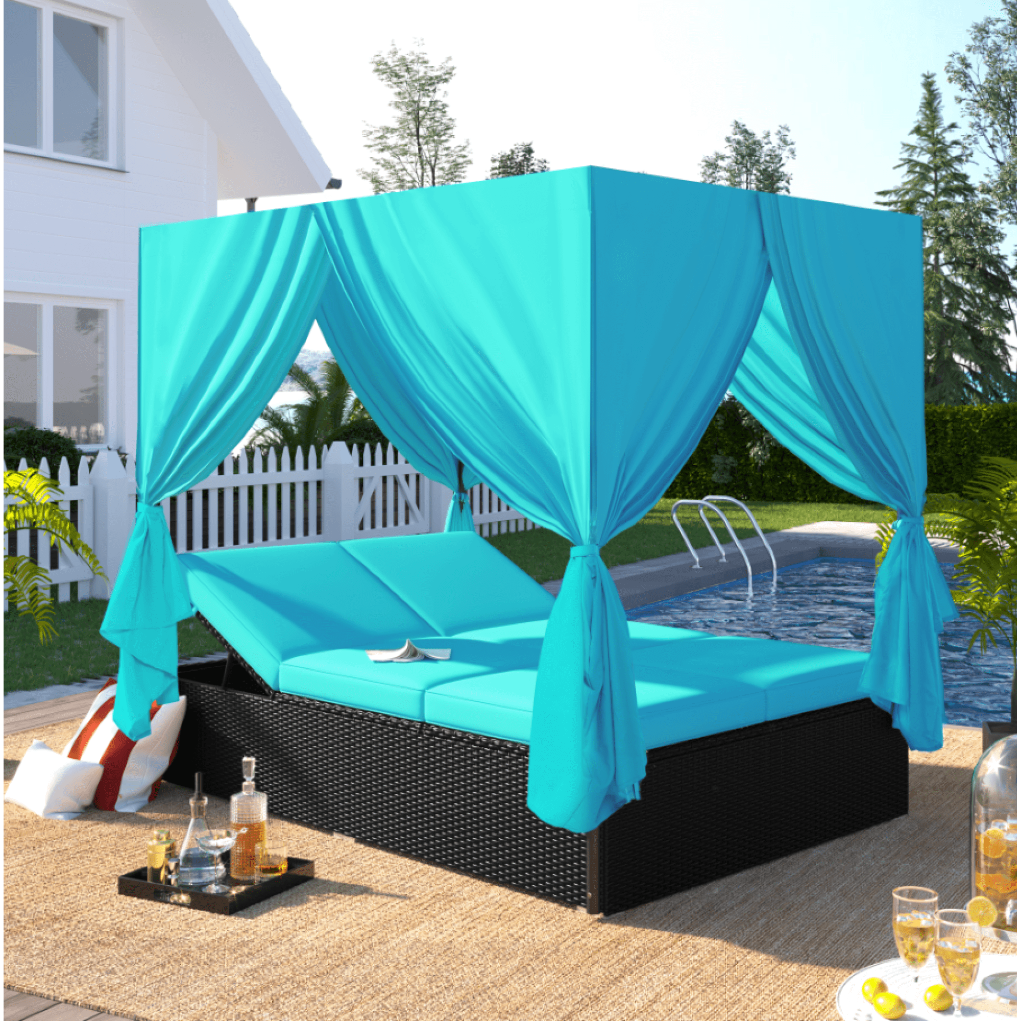 Jopath Outdoor Double Chaise Lounge Daybed with Curtains,Patio Outdoor Sunbed with Adjustable Backrest, Sturdy Steel Frame Loveseat Sofa for Backyard Poolside Terrace Blue