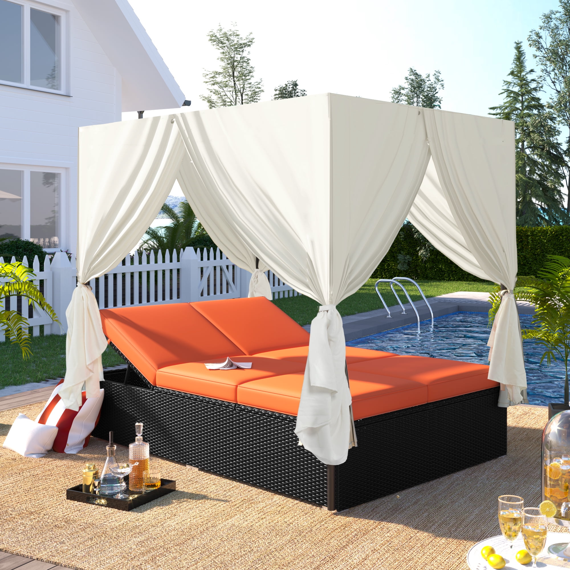 Jopath Outdoor Double Chaise Lounge Daybed with Curtains,Patio Outdoor Sunbed with Adjustable Backrest, Sturdy Steel Frame Loveseat Sofa for Backyard Poolside Terrace Orange