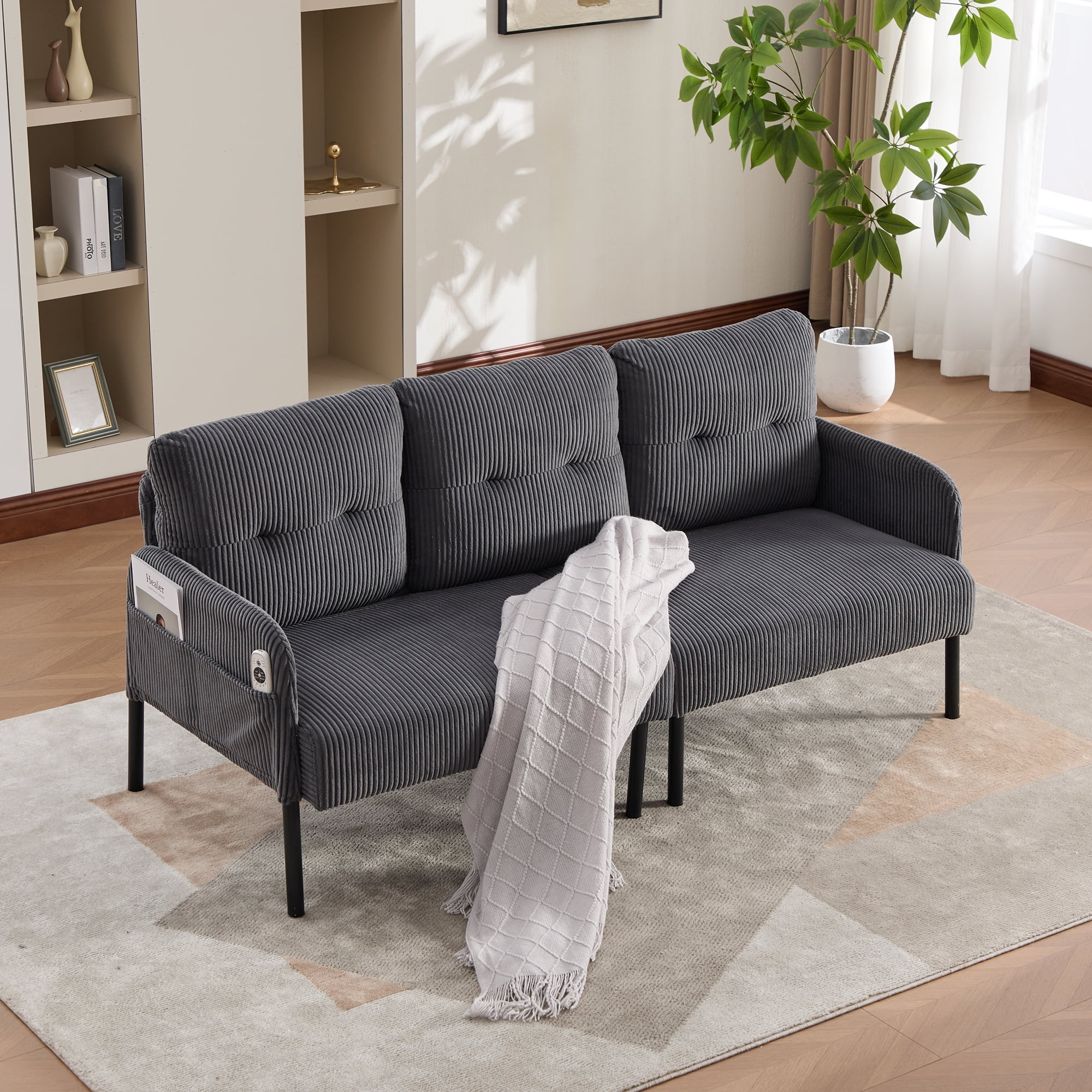 Jopath Oversized Loveseat, Double-Seater Sofa Cozy Bedroom Sofa with Metal Legs and Side Pockets for Living Room Bedroom Dorm Apartment Carbon Gray