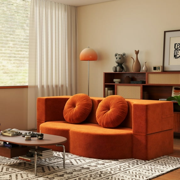 Jopath Queen Size Convertible Futon Sofa Bed,Plush Corduroy Foam-Filled Sleeper Sofa Bed,Folding Mattress Couch Loveseat for Living Room,Guest Bed,No Assembly Required,Orange