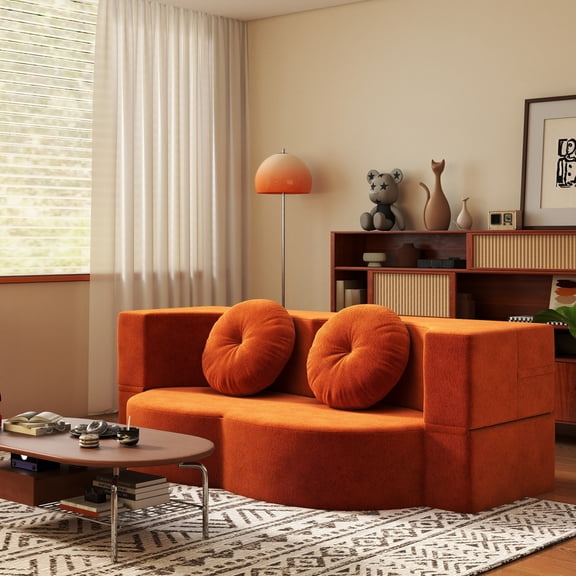 Jopath Queen Size Convertible Futon Sofa Bed,Plush Corduroy Foam-Filled Sleeper Sofa Bed,Folding Mattress Couch Loveseat for Living Room,Guest Bed,No Assembly Required,Orange