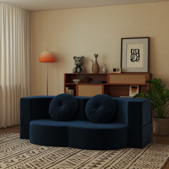 Jopath Queen Size Convertible Futon Sofa Bed,Plush Corduroy Foam-Filled Sleeper Sofa Bed,Folding Mattress Couch Loveseat for Living Room,Guest Bed,No Assembly Required,Blue