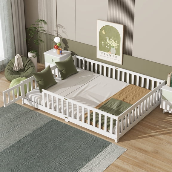 Jopath Queen Size Floor Bed Frame,Montessori Bed with Guardrails and Door,Rubber Wood Floor Bed with Slatted Base,for Kids,Boys,Girls White
