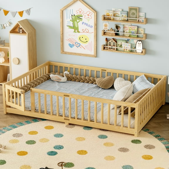 Jopath Queen Size Floor Bed Frame,Montessori Bed with Guardrails and Door,with Slatted Base,for Kids,Boys,Girls,Natural
