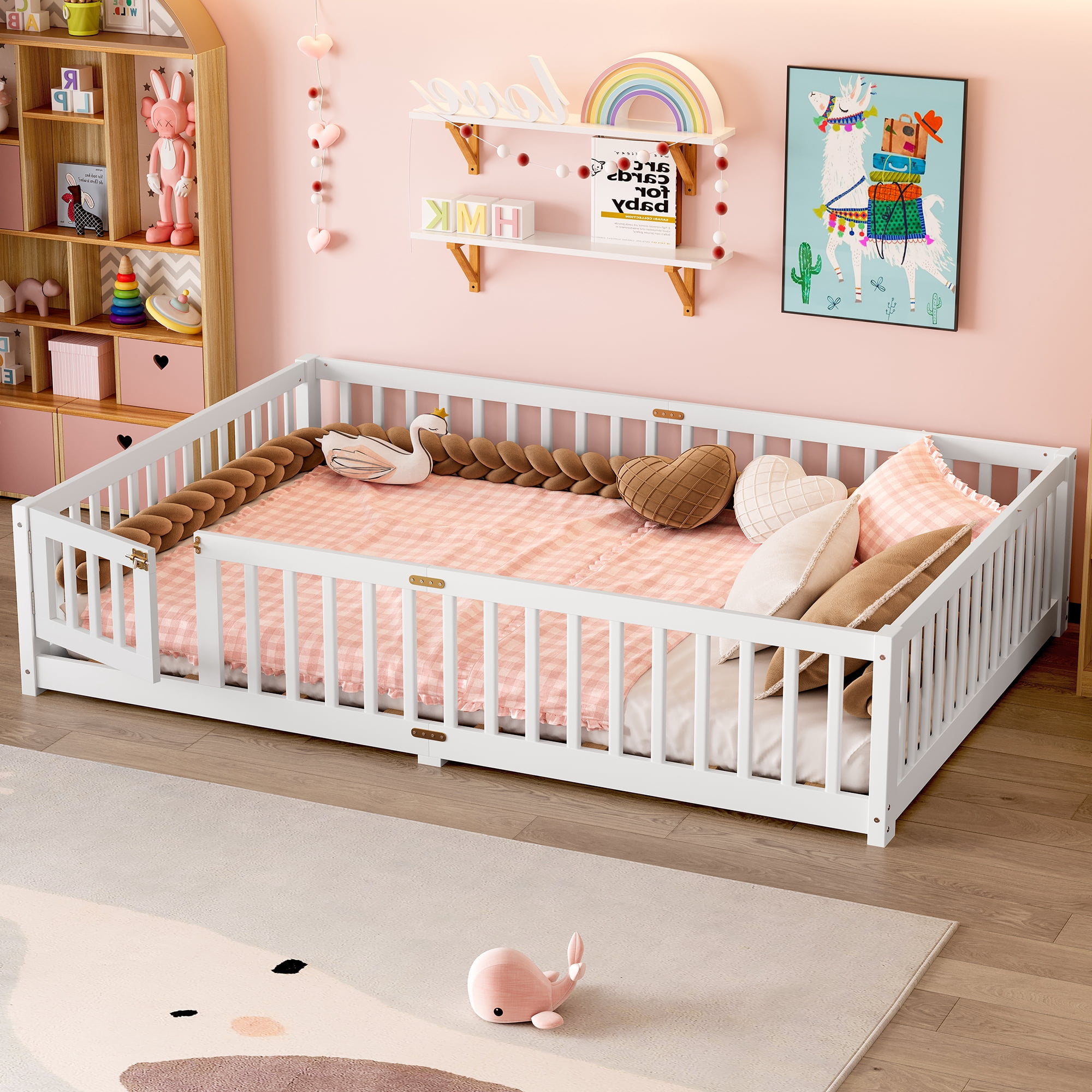Jopath Queen Size Floor Bed Frame,Montessori Bed with Guardrails and Door,with Slatted Base,for Kids,Boys,Girls,White