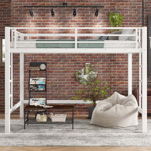 Jopath Queen Size Metal Loft Bed, Loft Bed with Easy Climbing Ladder and Guardrails for Adult Teen White