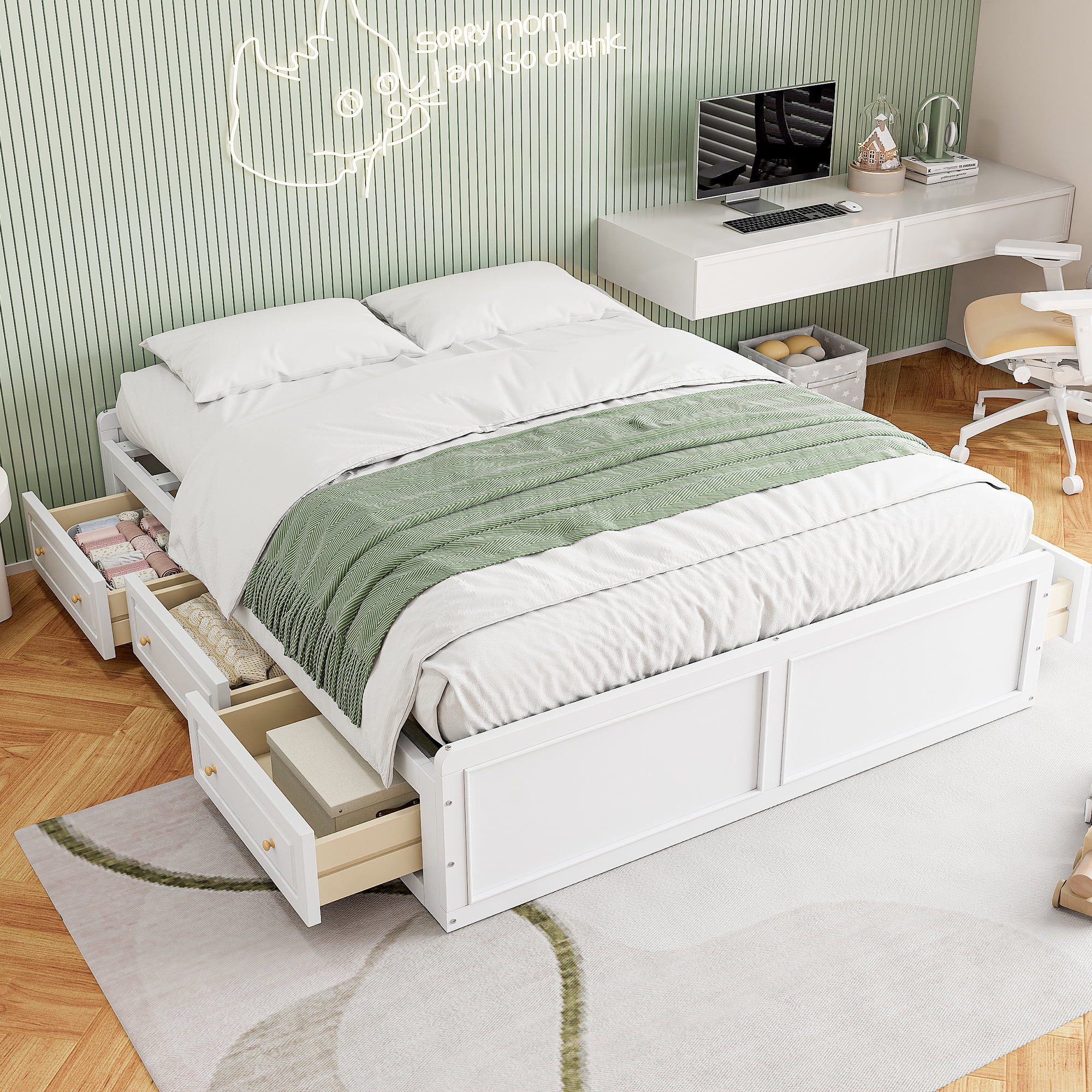 Jopath Queen Size Platform Bed Frame with 6 Drawers, Wood Bed with Slatted Base for Teen and Adult White