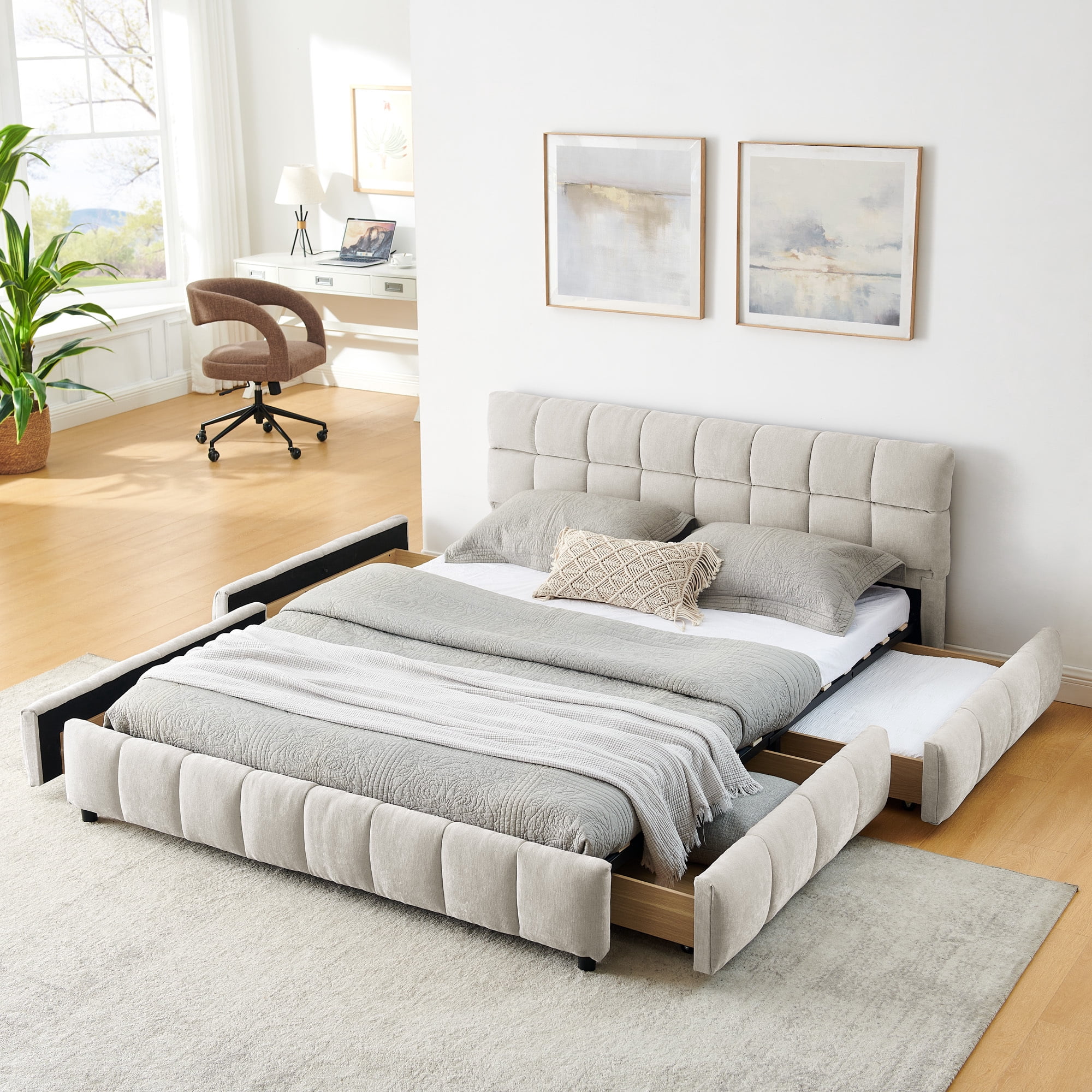 Jopath Queen Size Upholstered Bed ,Upholstered Bed Frame with Headboard and Drawer for Teen and Adult Beige