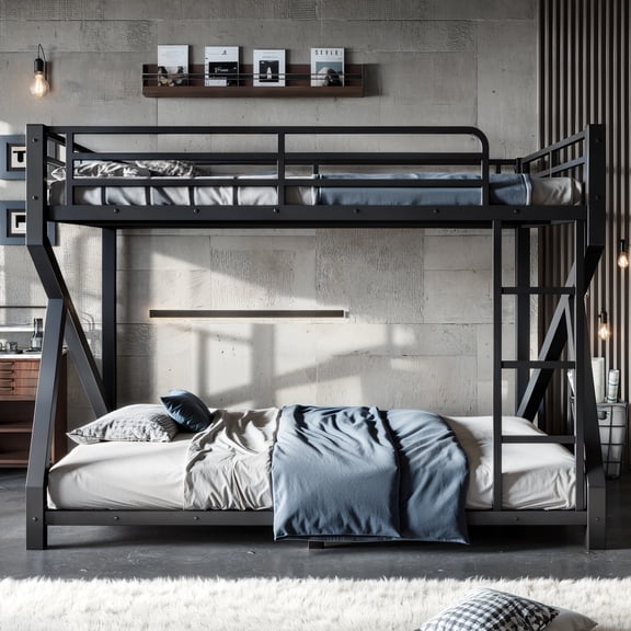 Jopath Queen over Queen Bunk Bed with ladders, Metal Bunk Bed with Full Upgraded Support Slats, Low Profile Bunk Bed for Adults and Teens Black