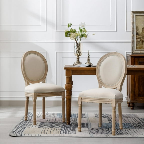 Jopath Set Of 2 French Style Wooden Dining Armchairs, Vintage Kitchen Chairs With Linen Upholstered Oval Backrest & Padded Seat, And Carved Rubberwood Legs, Beige