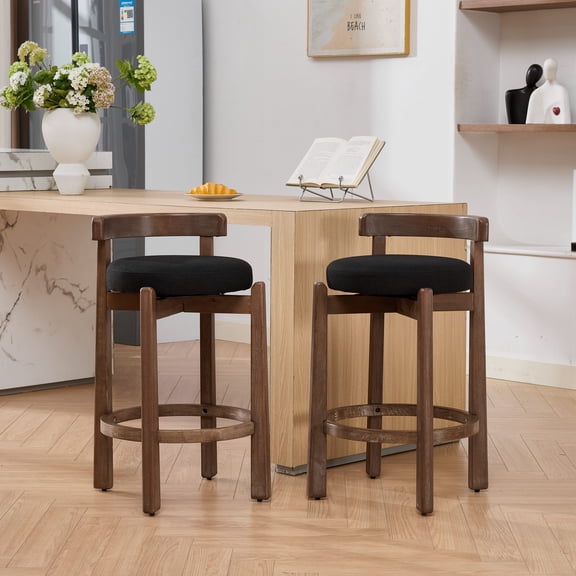 Jopath Set of 2 Swivel Counter Stools,Mid-Century Modern Bar Stools with Back,26 Inch Seat Height,Soft Linen Upholstered Bar Chairs with Footrest for Kitchen Island Black